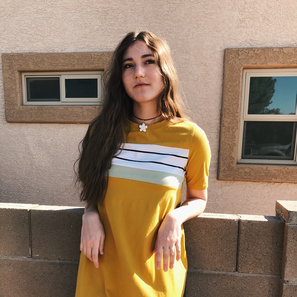 Roolee Mustard Yellow Midi Dress with Striped Bodice